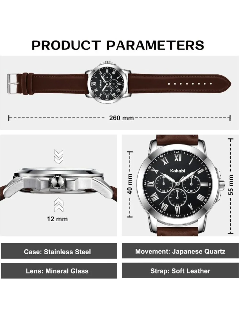 Men's Brown Black Analog Quartz Leather Classic Roman Numeral Waterproof Watch